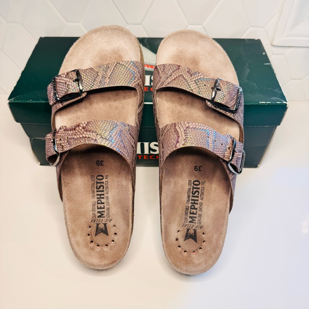 Mephisto Harmony Brown Snake Pattern Sandals 39M